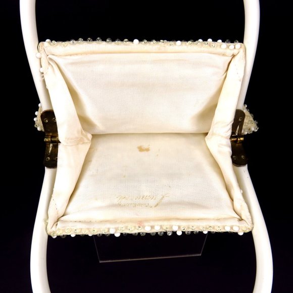 Lumured Corde Bead Evening Bag Ivory Wedding Vtg - Picture 6 of 8